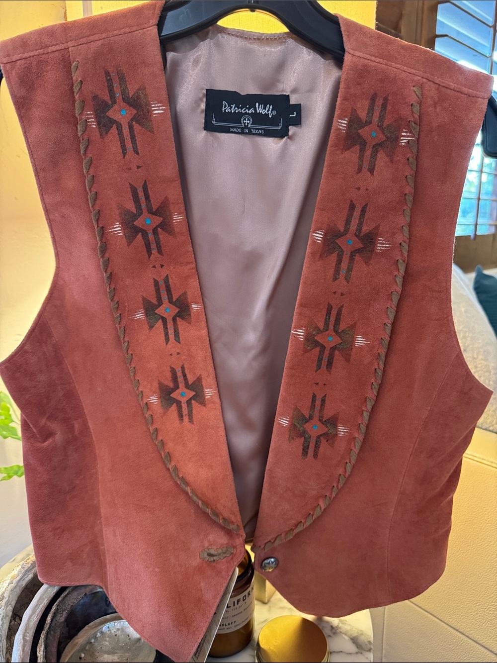 Patricia Wolf Native American Hand painted Suede Vest Turquoise Detail. RTL $495